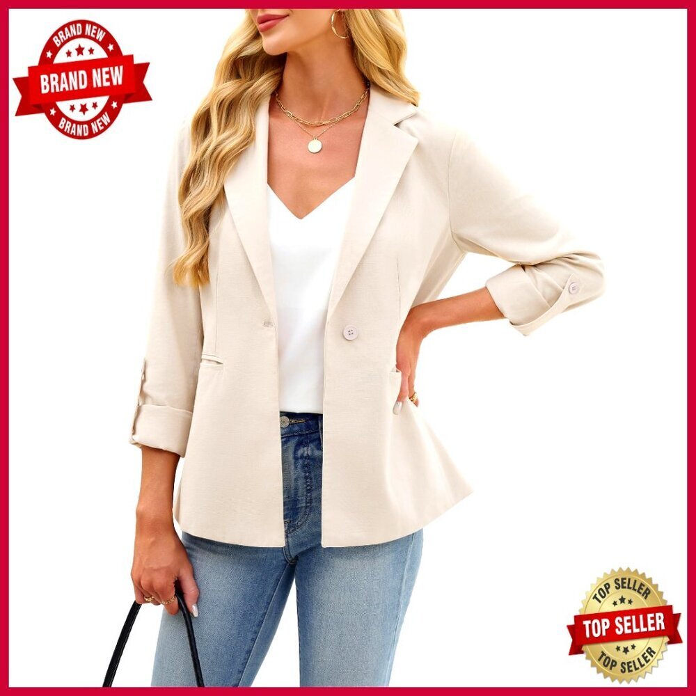 Linen Cotton Blazer Full Lining Rolled Sleeve Open Front Work Office - Picture 1 of 7